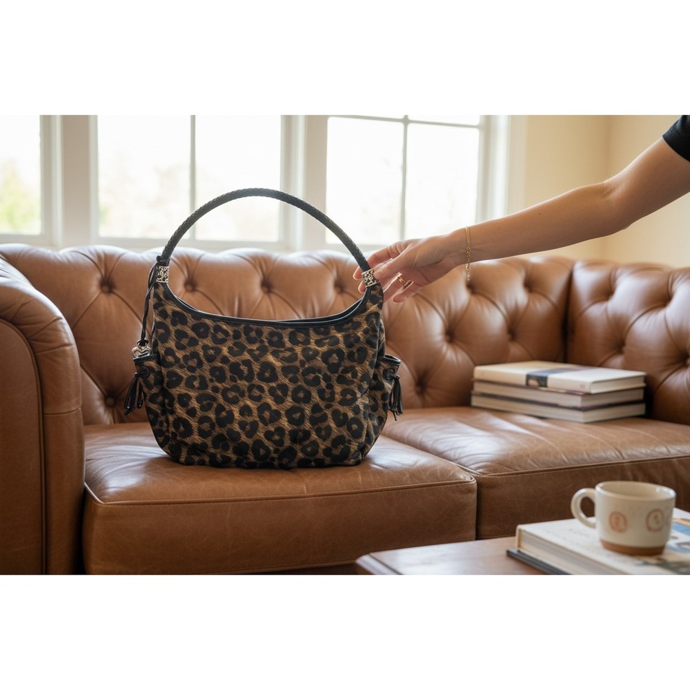 VTG Brighton Leopard Print Nylon Hobo Bag Braided Leather Handle Silver Y2K - Picture 2 of 16